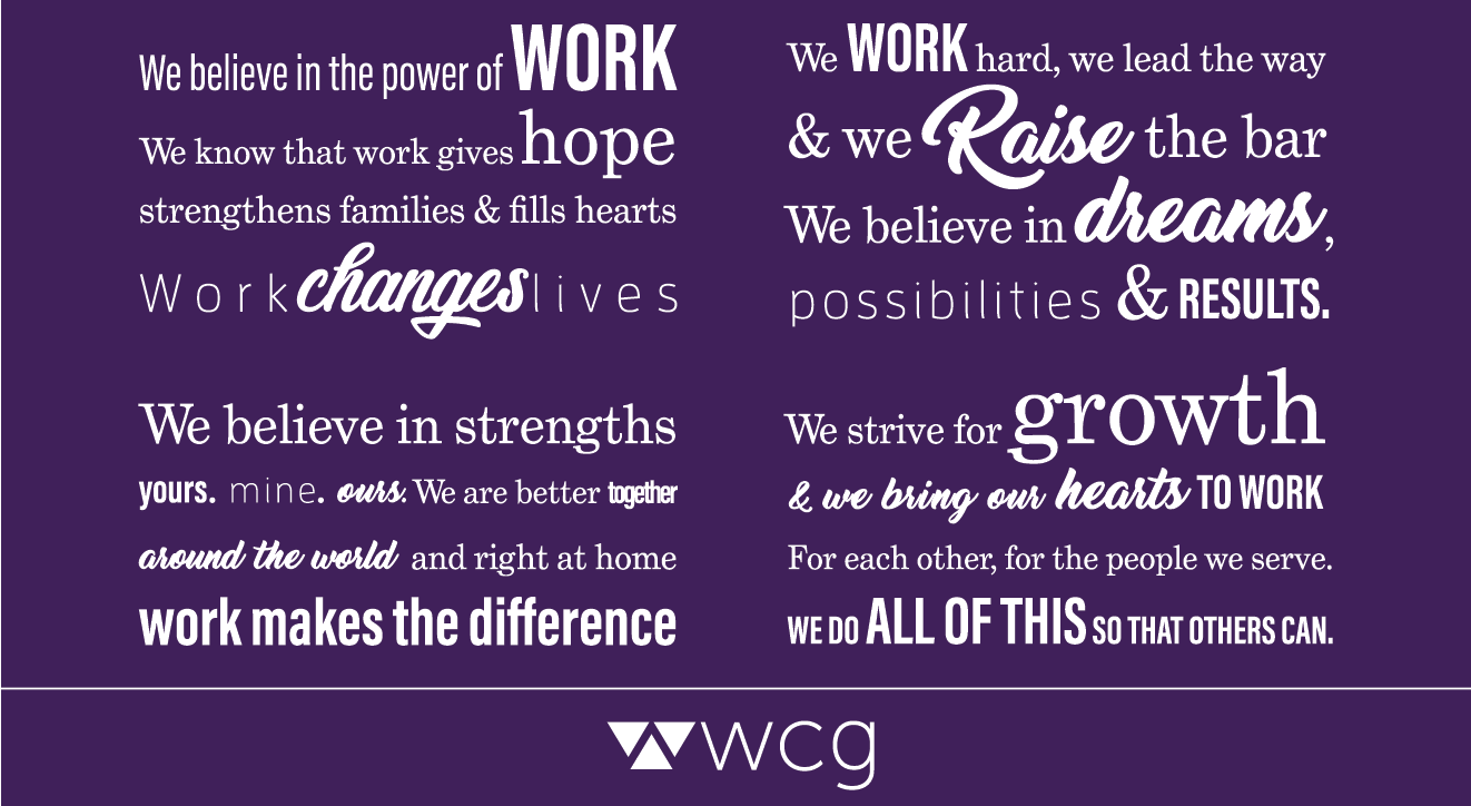 WCG Manifesto A manifesto-style graphic on a dark purple background with white text, featuring a mix of bold, serif, sans-serif, and script fonts. The text highlights the power of work, hope, change, strengths, dreams, possibilities, results, and growth. It emphasizes teamwork, leadership, and making a difference. The words 'Work', 'Raise', 'changes,' 'growth,' and 'RESULTS' are styled prominently. The WCG logo, consisting of a triangle and stylized text, appears at the bottom center.